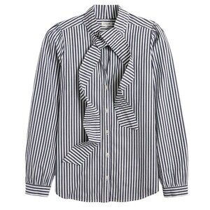 J Crew Bow Tie Shirt XS Blue Stripe Classic Fit Button Front Long Sleeve